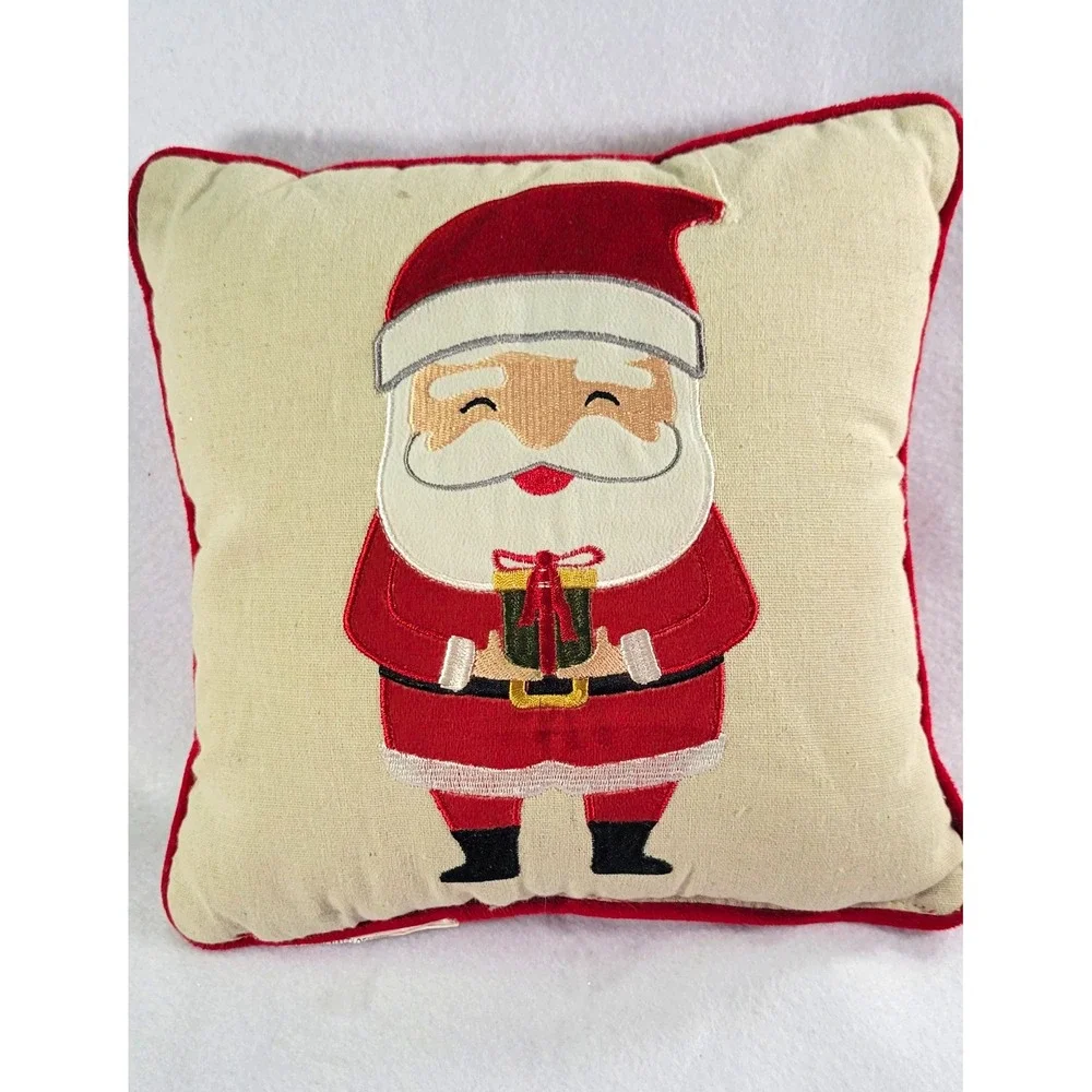 Christmas Santa Claus Embroidered Square Throw Pillow, Beige/Red 10X10